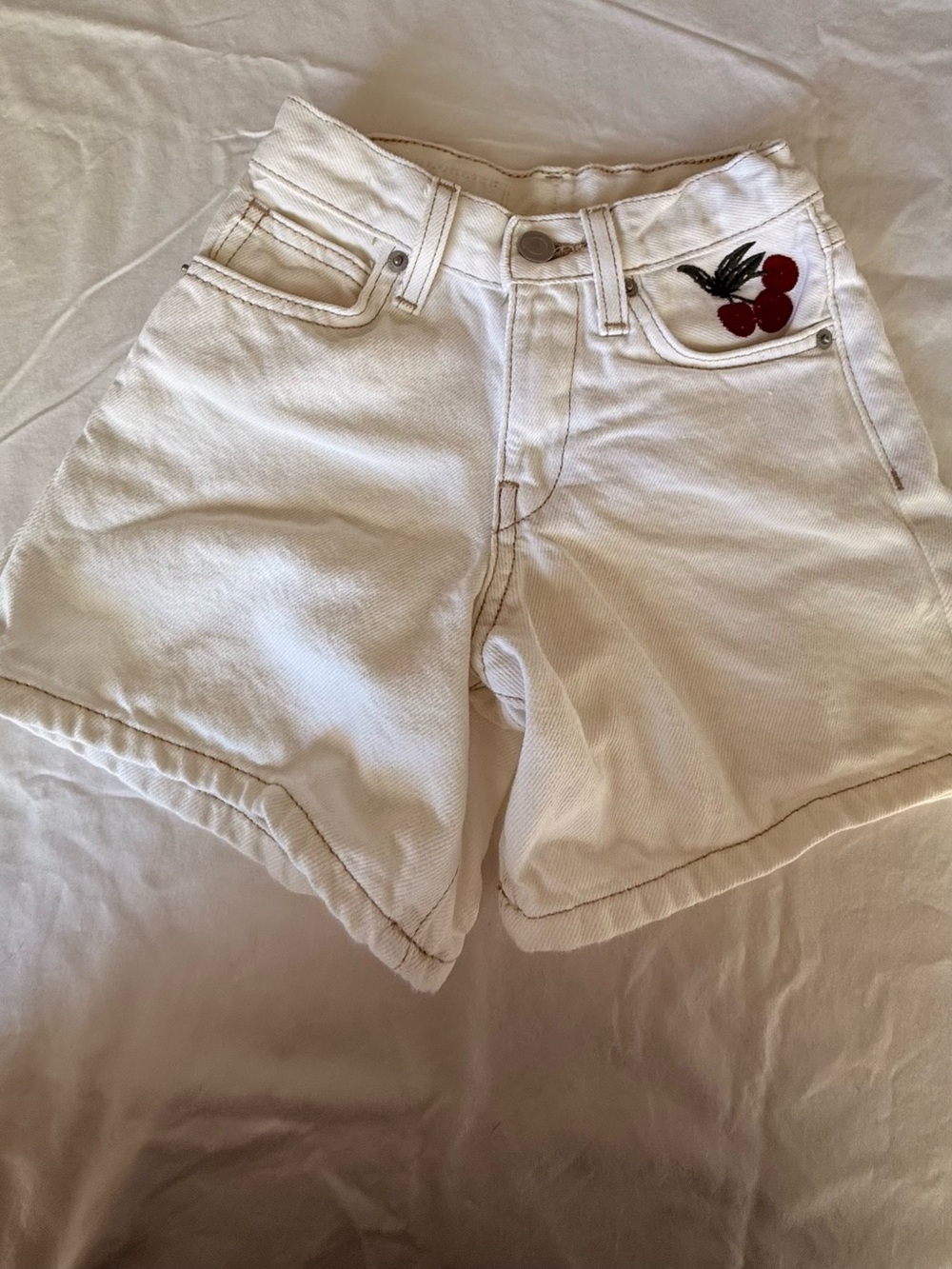 Zara Kids Cherry Embroidered White Denim Shorts